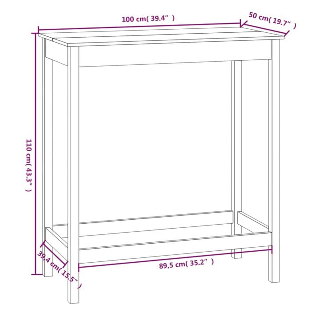 Bar Table White 100x50x110 cm Solid Wood Pine