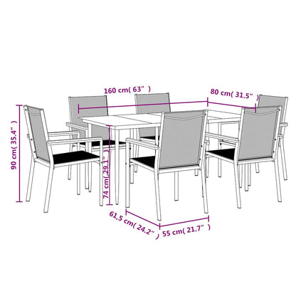 7 Piece Garden Dining Set Black Textilene and Steel