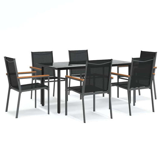 7 Piece Garden Dining Set Black Textilene and Steel