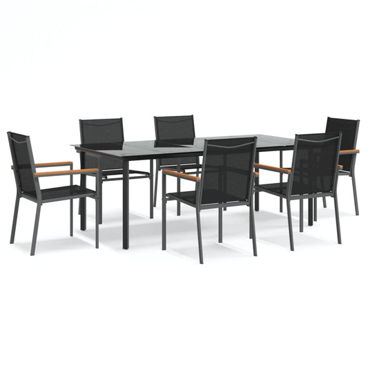 7 Piece Garden Dining Set Black Textilene and Steel