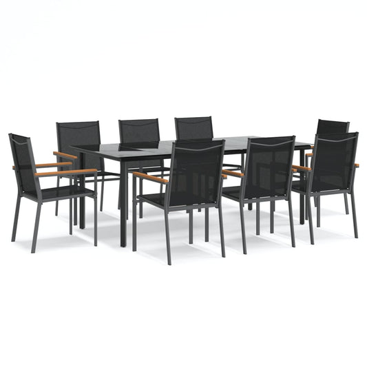 9 Piece Garden Dining Set Black Textilene and Steel