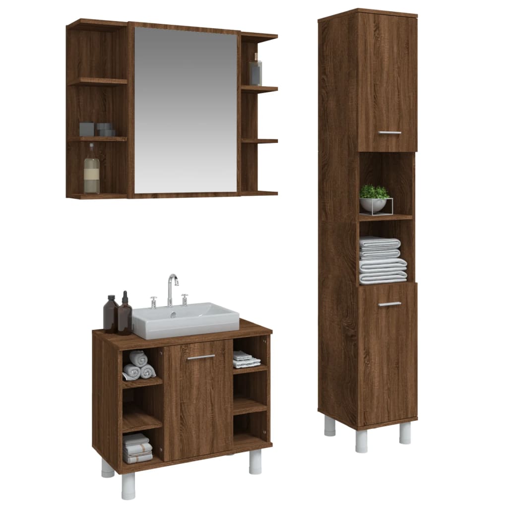 3 Piece Bathroom Cabinet Set Brown Oak Engineered Wood