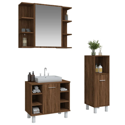 3 Piece Bathroom Cabinet Set Brown Oak Engineered Wood