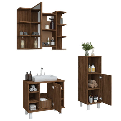 3 Piece Bathroom Cabinet Set Brown Oak Engineered Wood