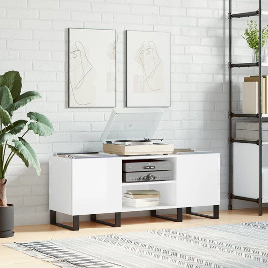 Record Cabinet High Gloss White 121x38x48 cm Engineered Wood