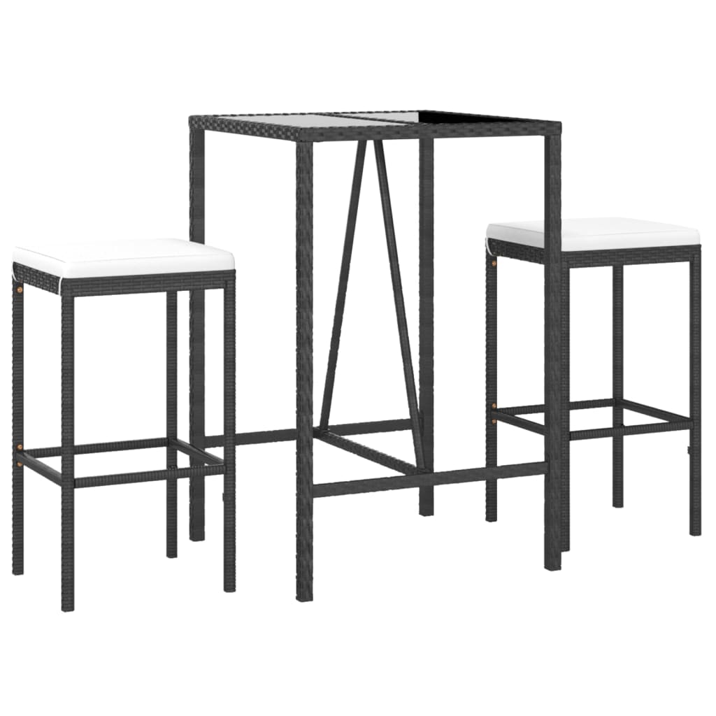 3 Piece Patio Bar Set with Cushions Black Poly Rattan