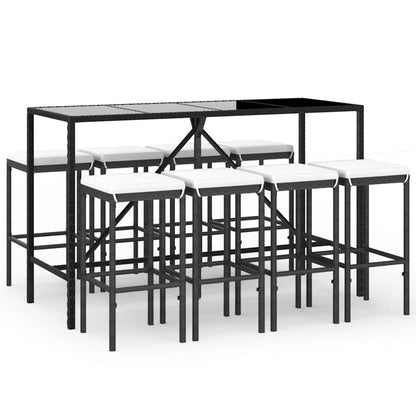 9 Piece Patio Bar Set with Cushions Black Poly Rattan