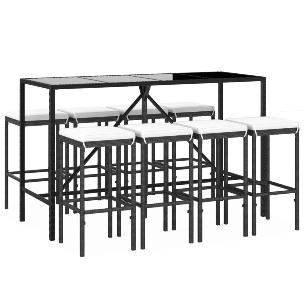 9 Piece Patio Bar Set with Cushions Black Poly Rattan