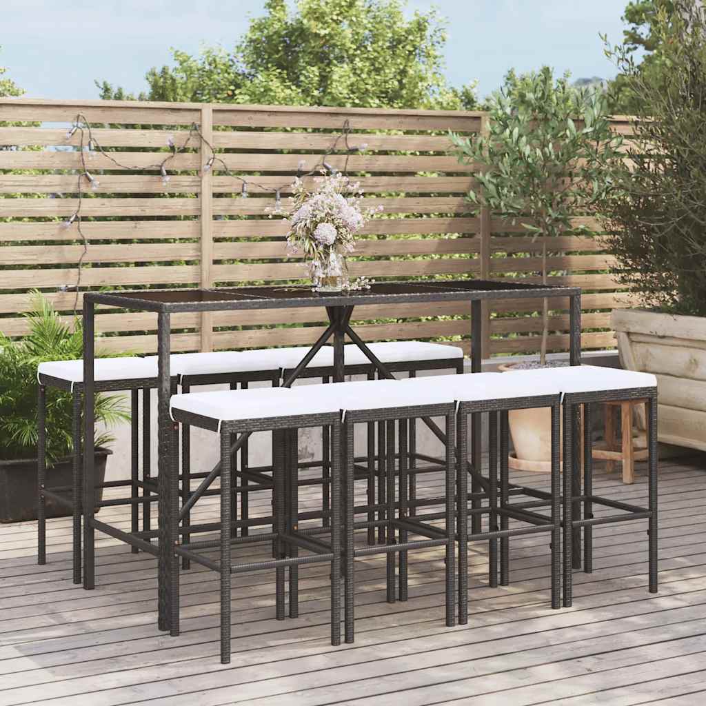 9 Piece Patio Bar Set with Cushions Black Poly Rattan