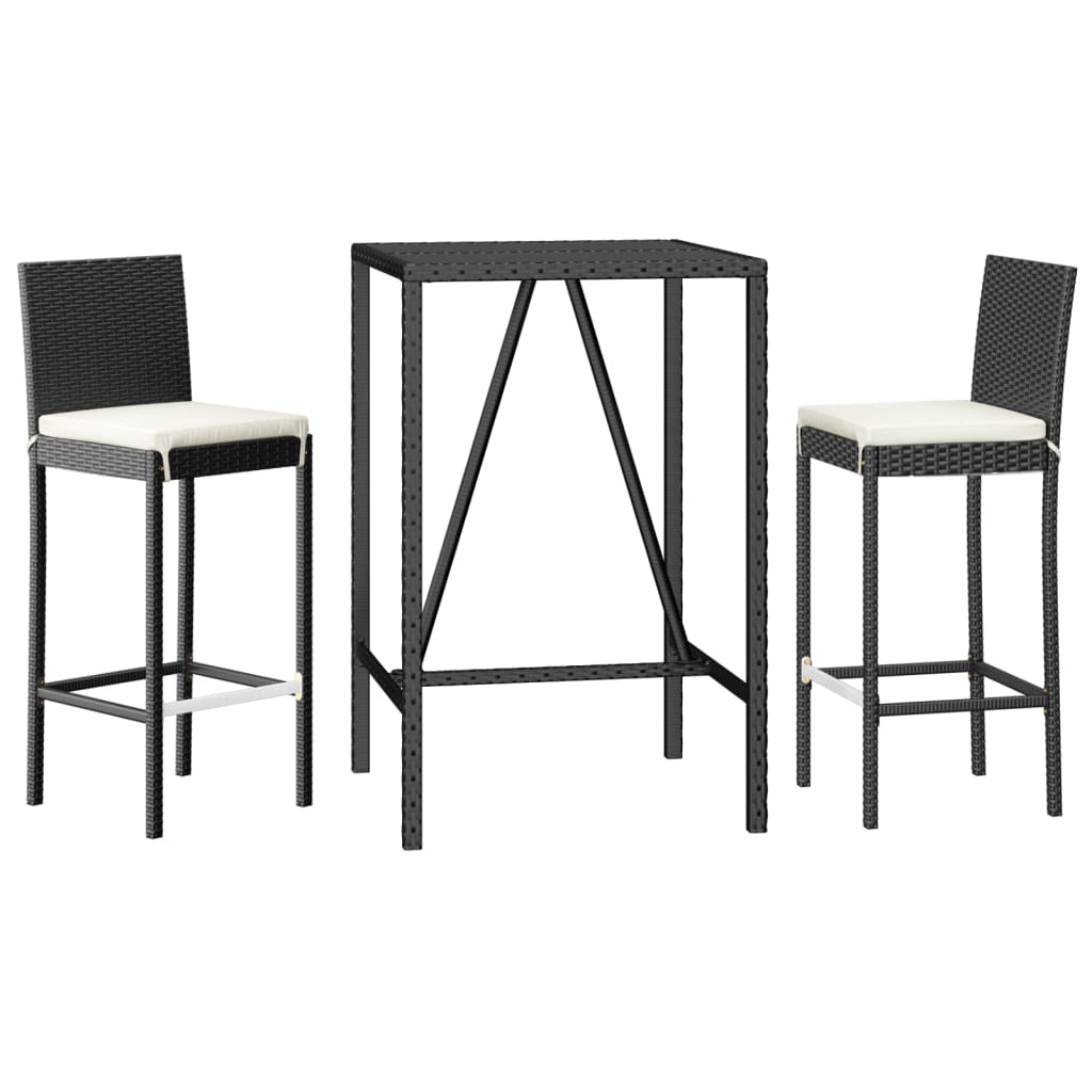3 Piece Patio Bar Set with Cushions Black Poly Rattan