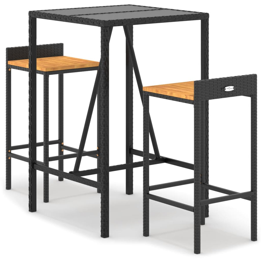 3 Piece Patio Bar Set Black Poly Rattan& Solid Wood Acacia