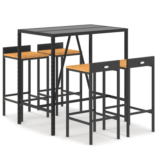 5 Piece Garden Bar Set Black Poly Rattan& Solid Wood Acacia