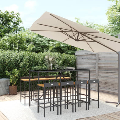 9 Piece Patio Bar Set Black Poly Rattan& Solid Wood Acacia
