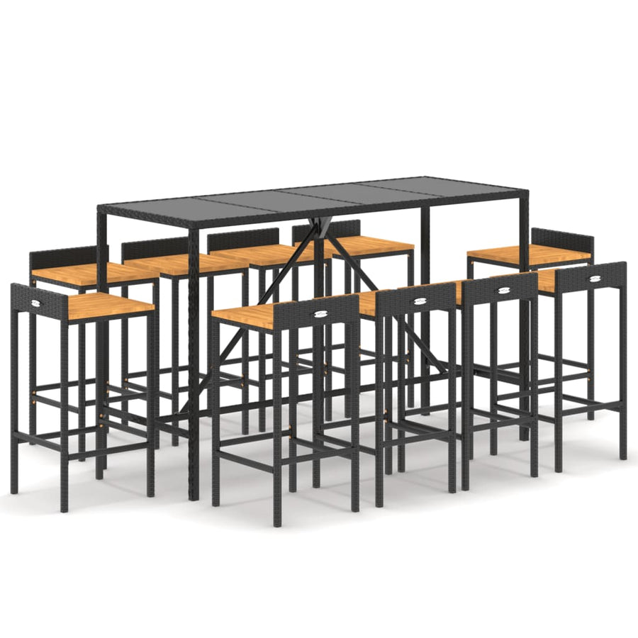 11 Piece Patio Bar Set Black Poly Rattan& Solid Wood Acacia