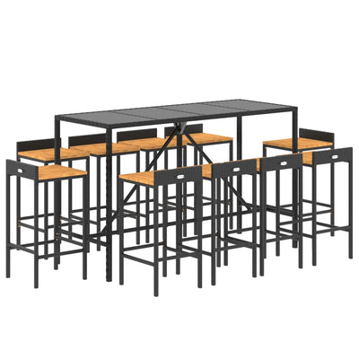 11 Piece Patio Bar Set Black Poly Rattan& Solid Wood Acacia