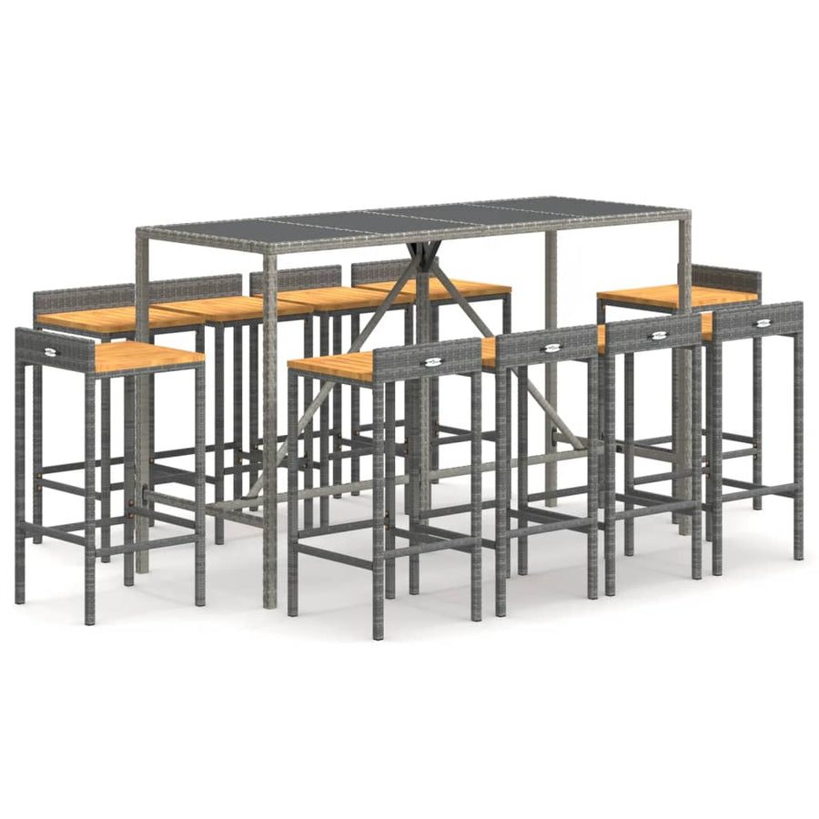 11 Piece Patio Bar Set Gray Poly Rattan& Solid Wood Acacia