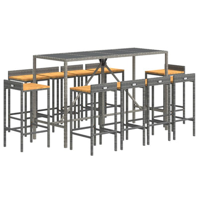 11 Piece Patio Bar Set Gray Poly Rattan& Solid Wood Acacia