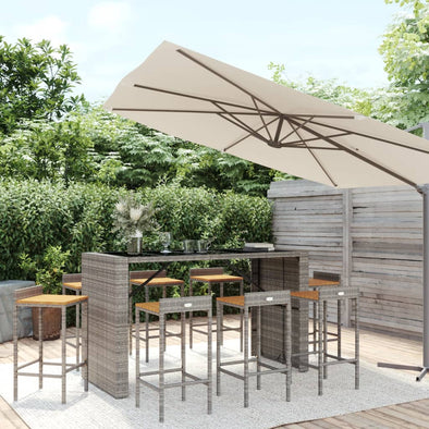 9 Piece Patio Bar Set Gray Poly Rattan& Solid Wood Acacia