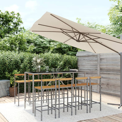 9 Piece Patio Bar Set Gray Poly Rattan& Solid Wood Acacia
