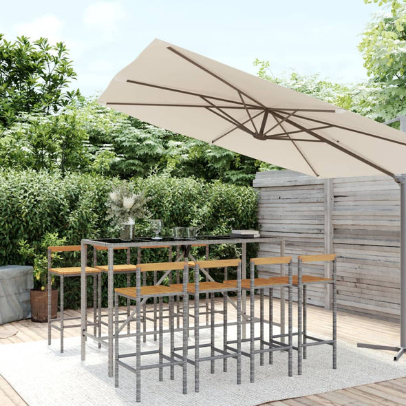 9 Piece Patio Bar Set Gray Poly Rattan& Solid Wood Acacia