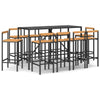 11 Piece Patio Bar Set Black Poly Rattan& Solid Wood Acacia