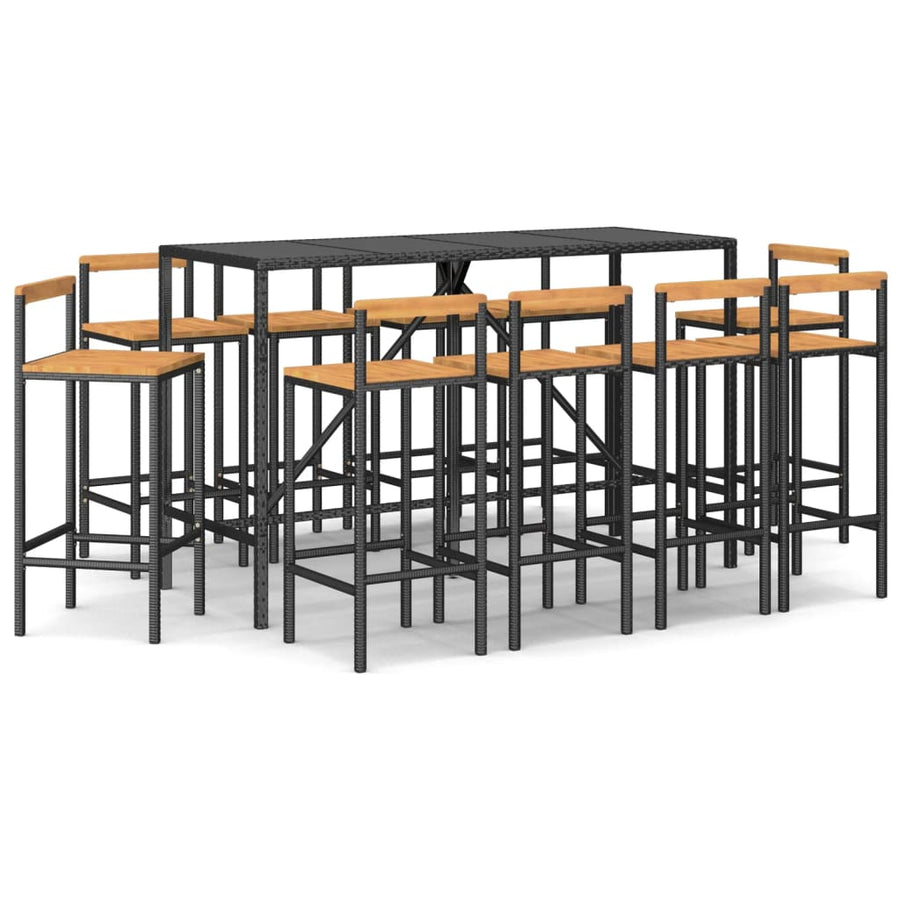 11 Piece Patio Bar Set Black Poly Rattan& Solid Wood Acacia