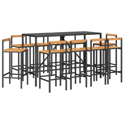 11 Piece Patio Bar Set Black Poly Rattan& Solid Wood Acacia