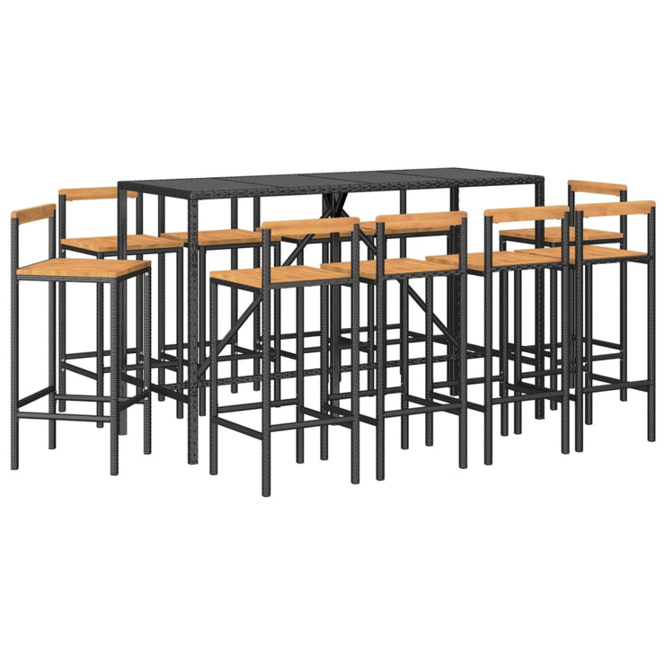 11 Piece Patio Bar Set Black Poly Rattan& Solid Wood Acacia