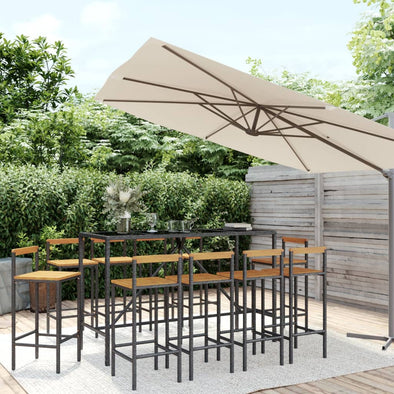 11 Piece Patio Bar Set Black Poly Rattan& Solid Wood Acacia