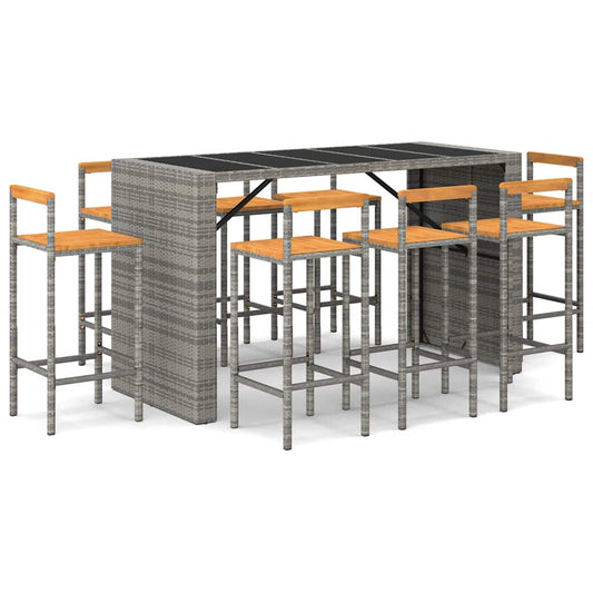 9 Piece Garden Bar Set Grey Poly Rattan& Solid Wood Acacia