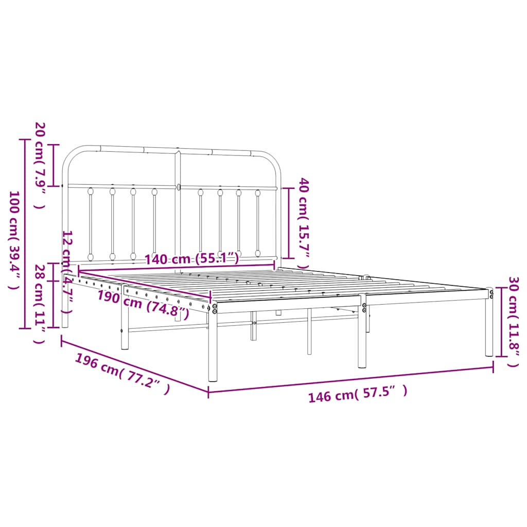 Bed Frame | White | Steel | 140x190cm | Bed Frame | Rectangular