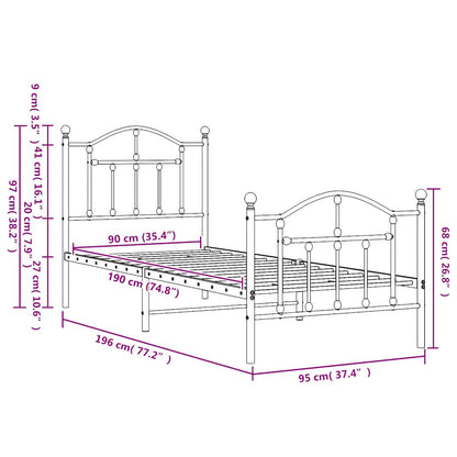 Metal Bed Frame without Mattress with Footboard Black 90x190cm