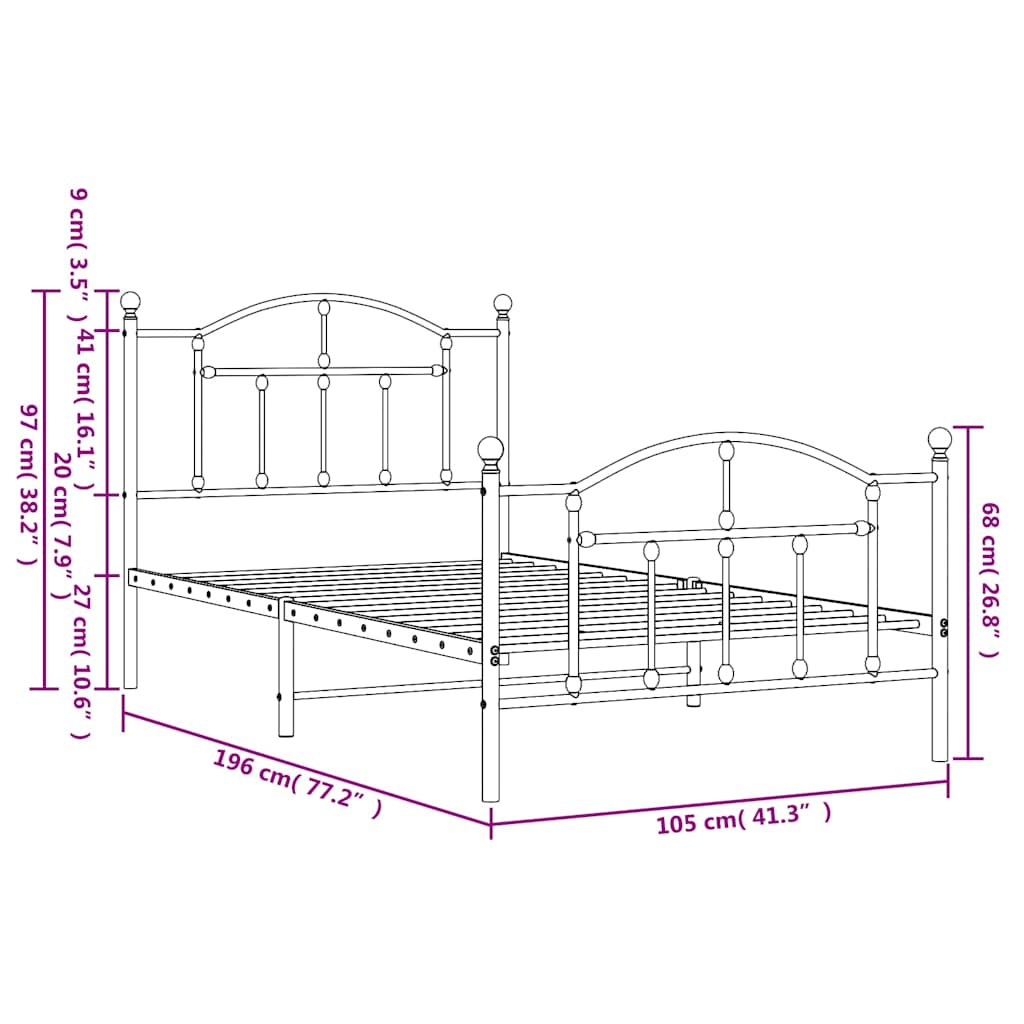 Metal Bed Frame without Mattress with Footboard Black 100x190cm