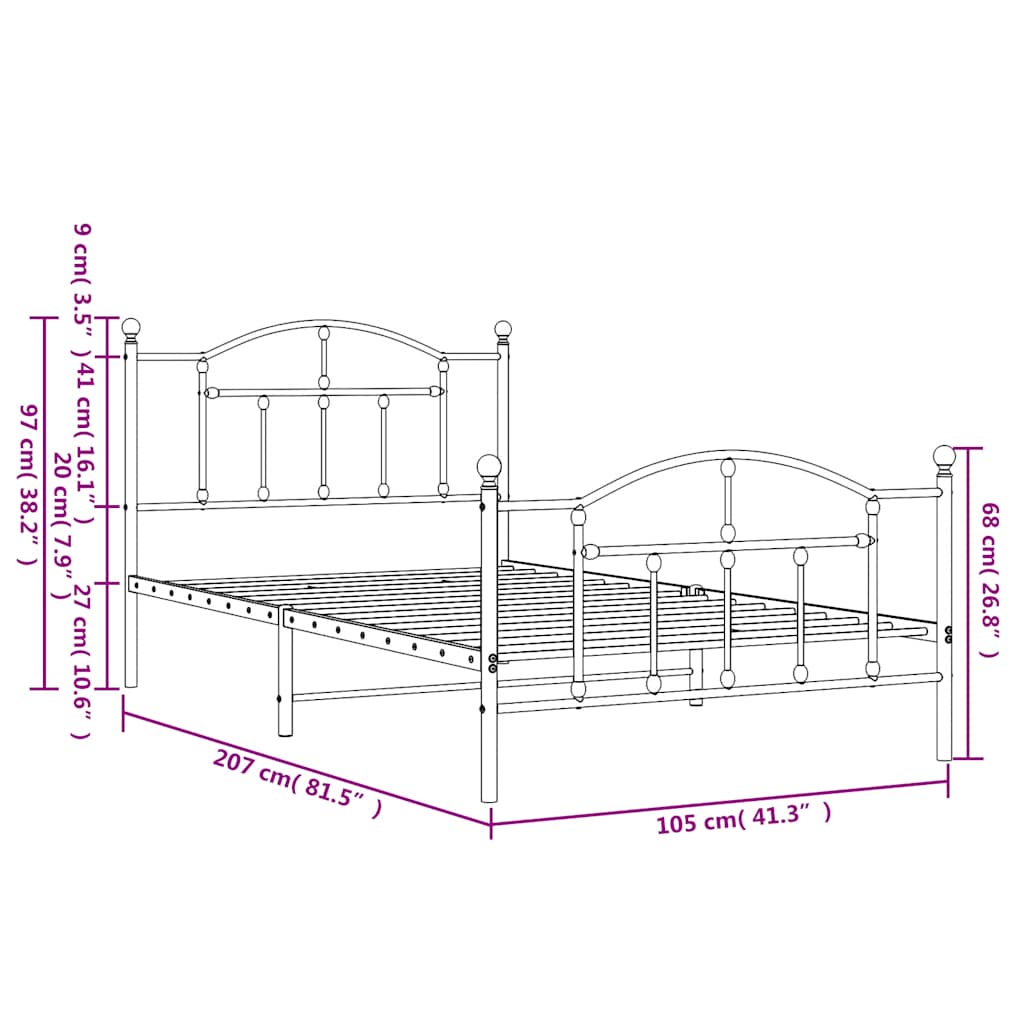 Metal Bed Frame without Mattress with Footboard Black 100x200cm