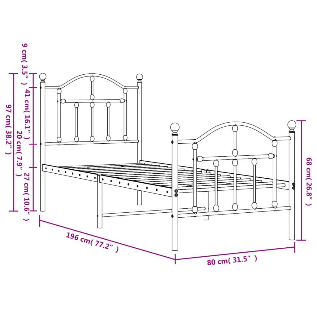 Metal Bed Frame without Mattress with Footboard White 75x190cm