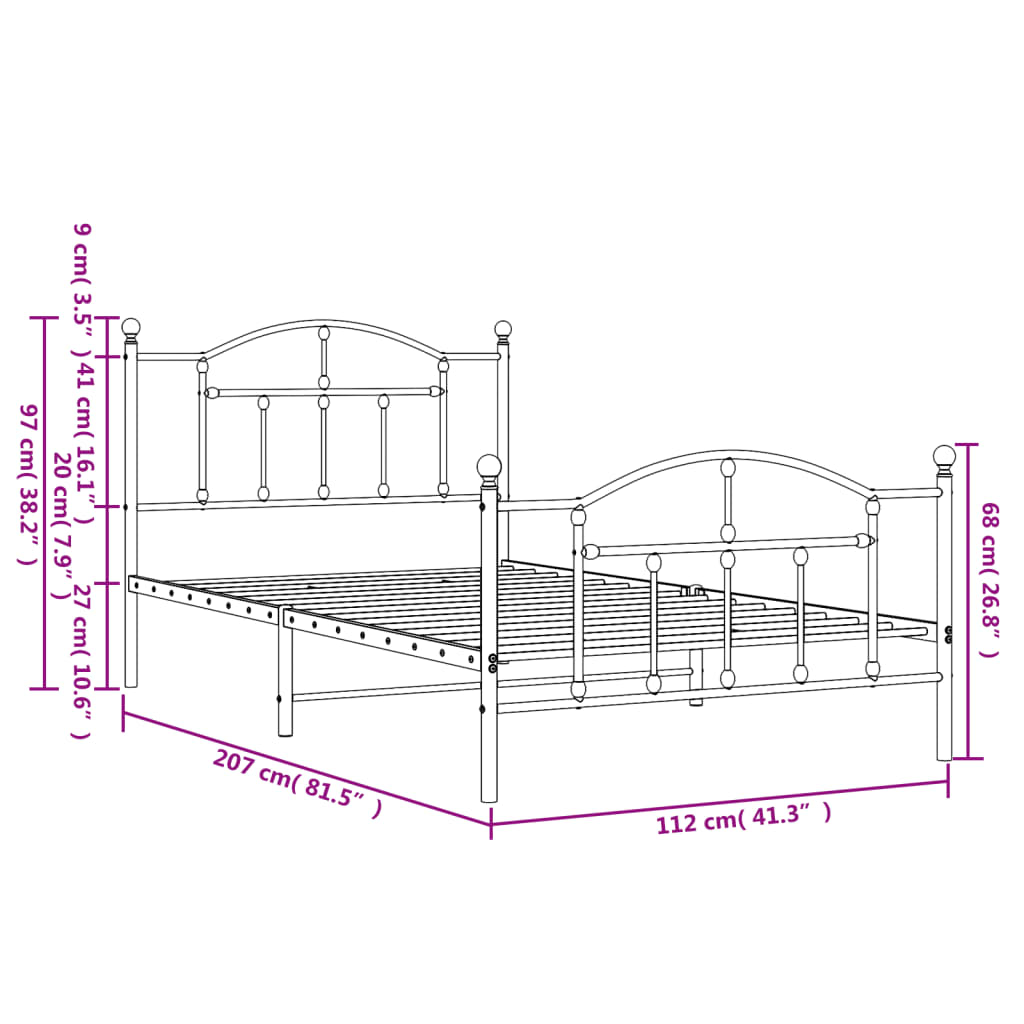 Metal Bed Frame without Mattress with Footboard White 107x203cm