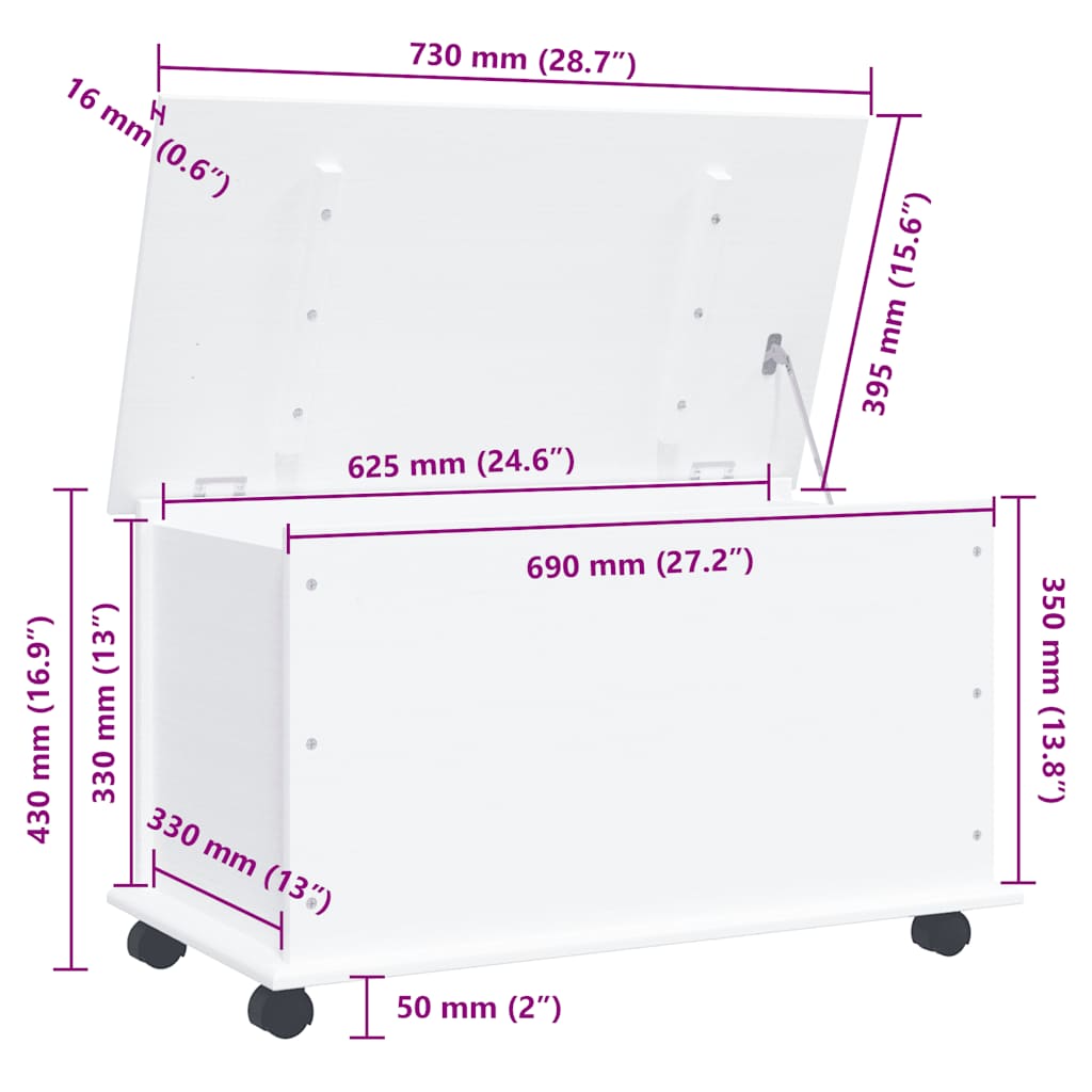 Storage Chest with Wheels "ALTA" White 73x39,5x43 cm Solid Wood Pine