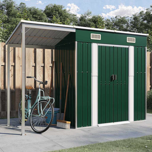 Garden Shed with Extended Roof Green 277x107x181 cm Steel