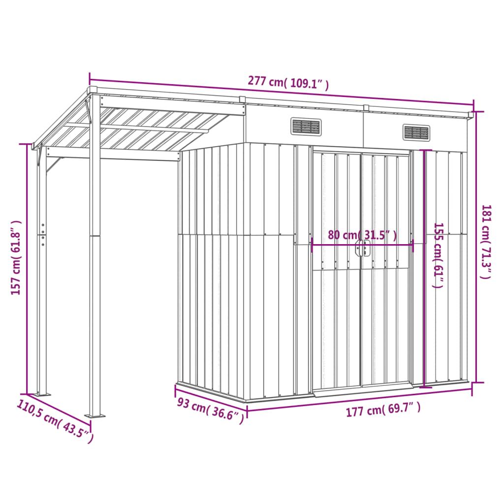 Garden Shed with Extended Roof Light Brown 277x110.5x181cm Steel