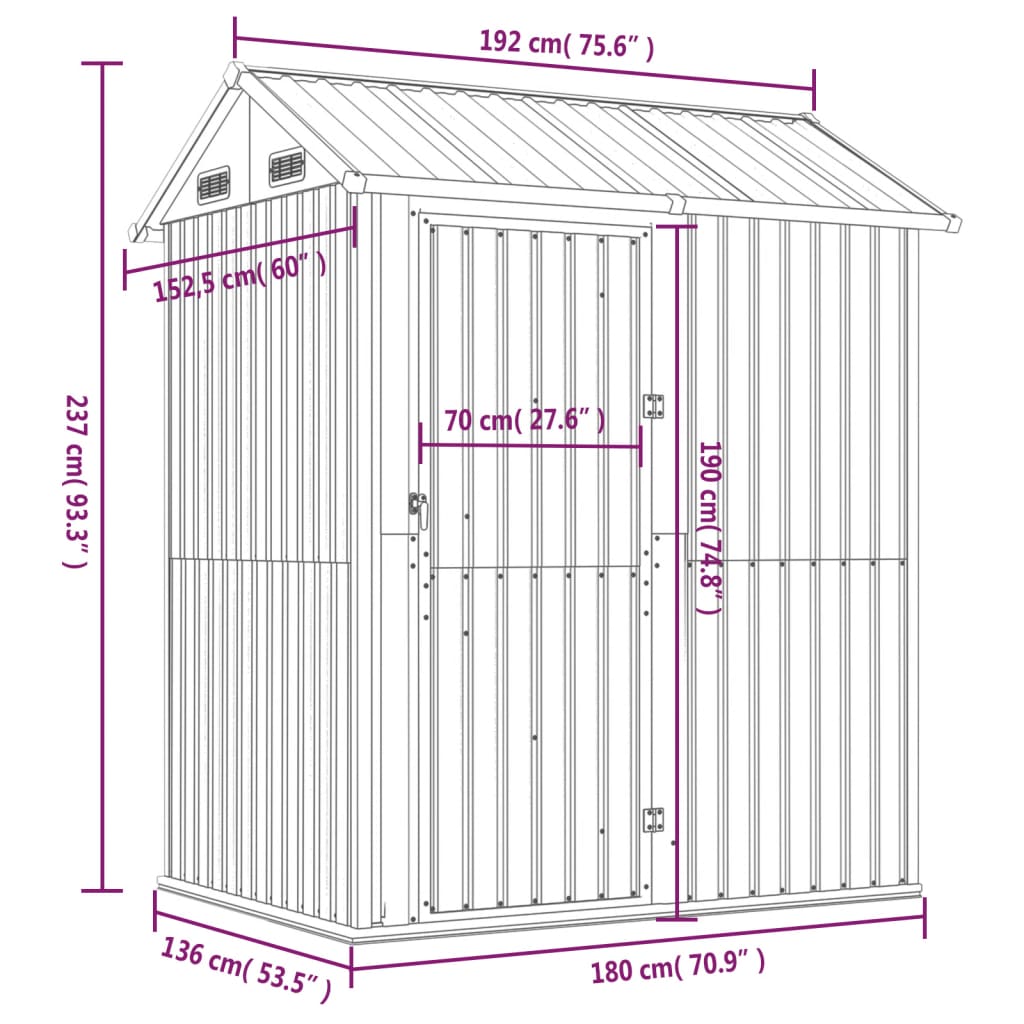 Garden Shed Light Grey 192x152.5x237 cm Galvanised Steel