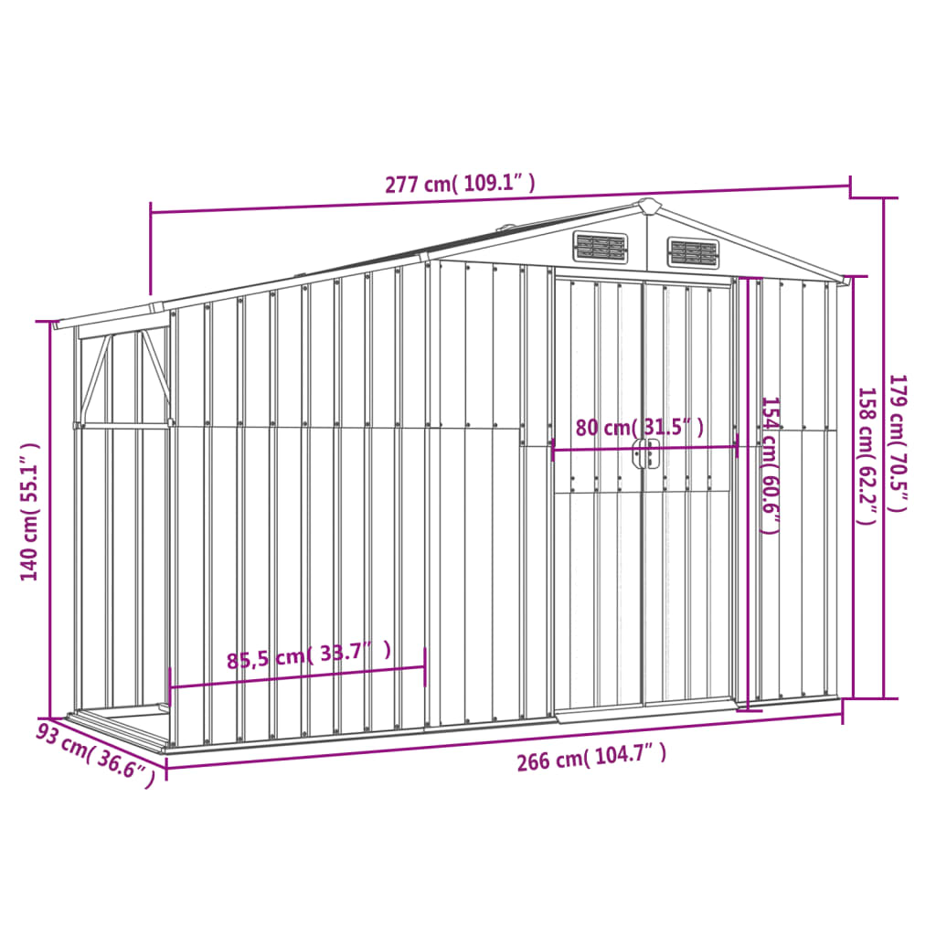 Garden Shed Grey 277x93x179 cm Galvanised Steel