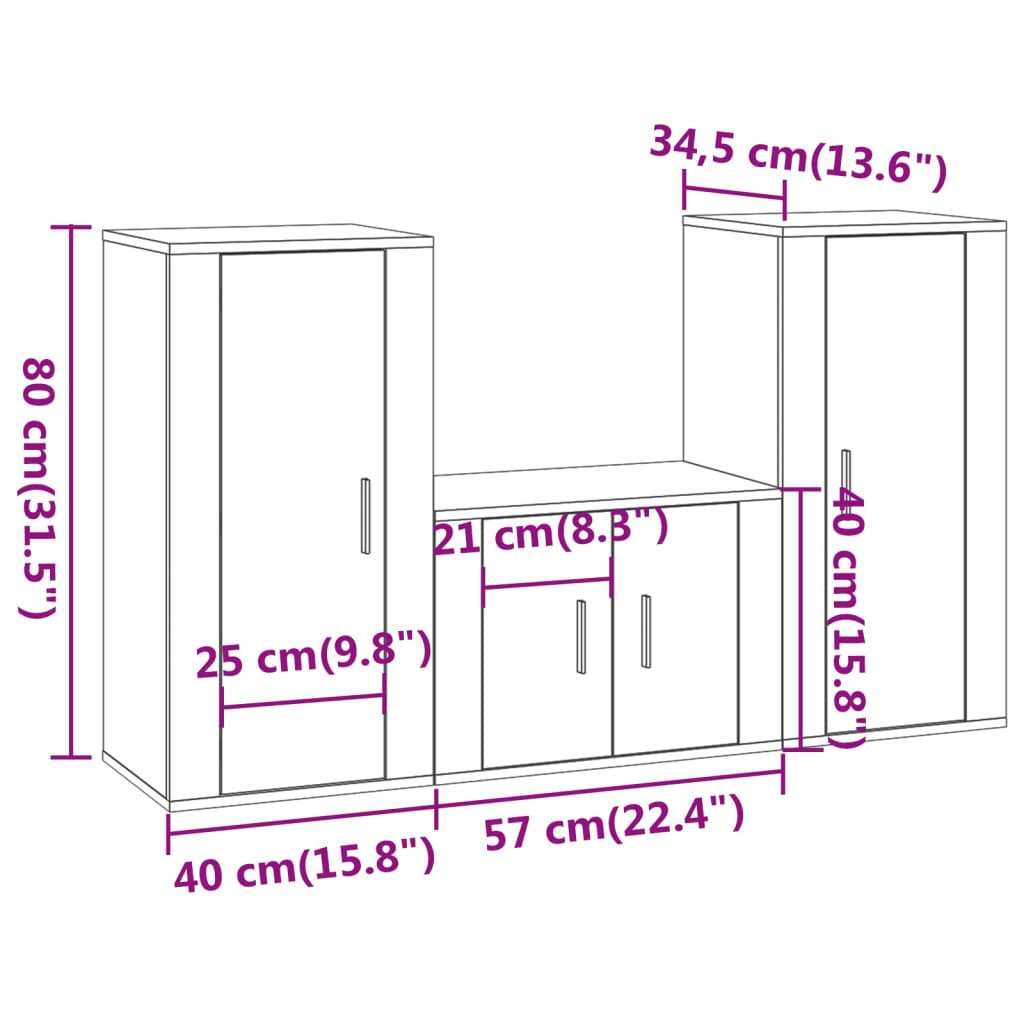 3 Piece TV Cabinet Set High Gloss White Engineered Wood