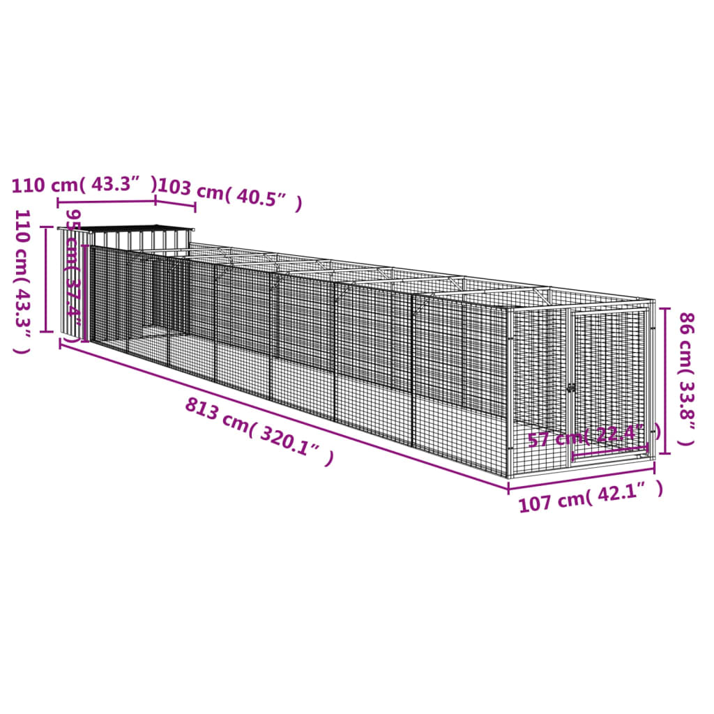 Dog House with Run Light Grey 110x813x110 cm Galvanised Steel