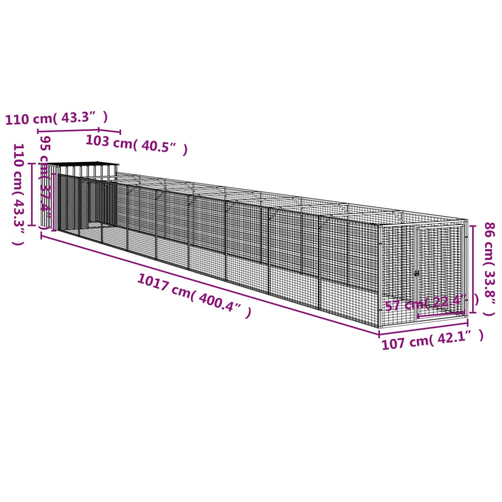 Dog House with Run Light Grey 110x1017x110 cm Galvanised Steel