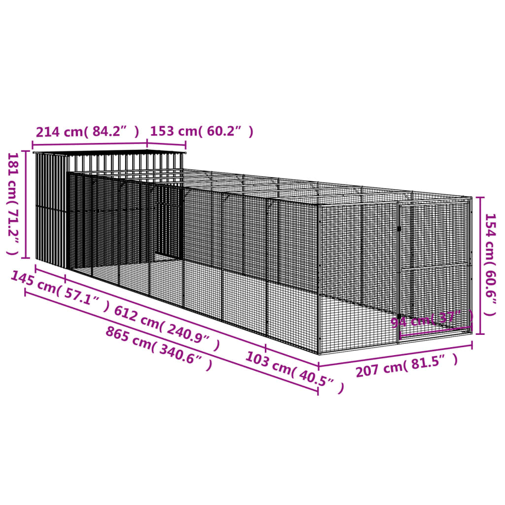 vidaXL Dog House Light Grey Galvanized Steel 84.3x341.3x71.3 in Durable