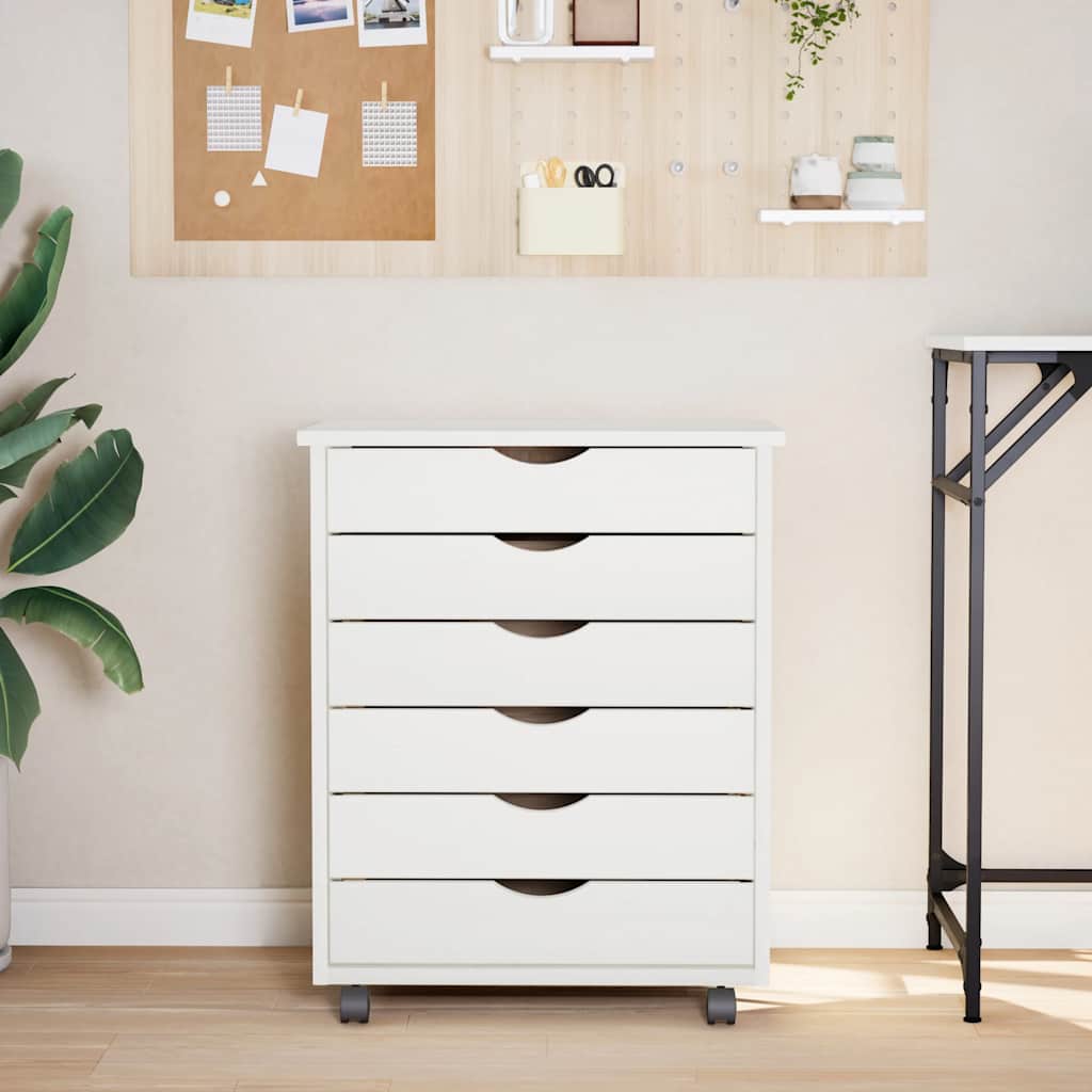 Rolling Cabinet with Drawers "MOSS" White Solid Wood Pine