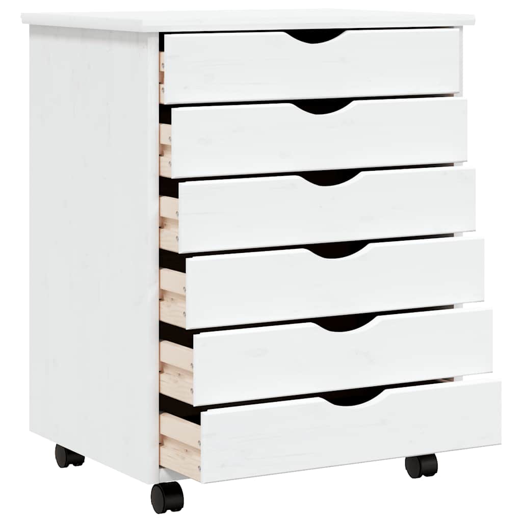 Rolling Cabinet with Drawers "MOSS" White Solid Wood Pine