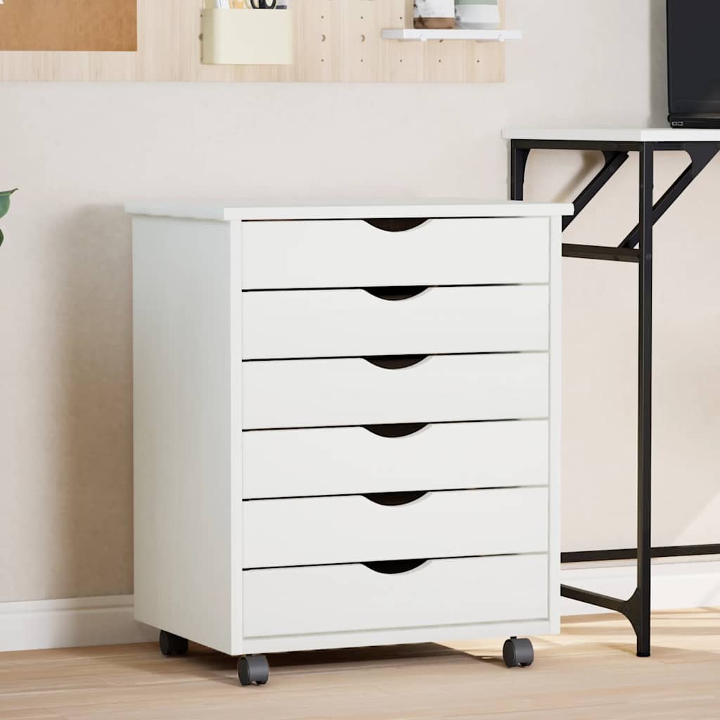 Rolling Cabinet with Drawers "MOSS" White Solid Wood Pine