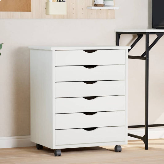 Rolling Cabinet with Drawers "MOSS" White Solid Wood Pine
