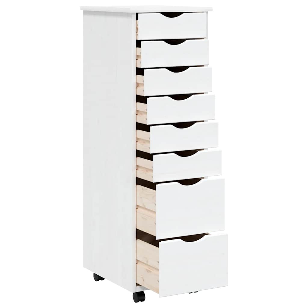 Rolling Cabinet with Drawers "MOSS" White Solid Wood Pine